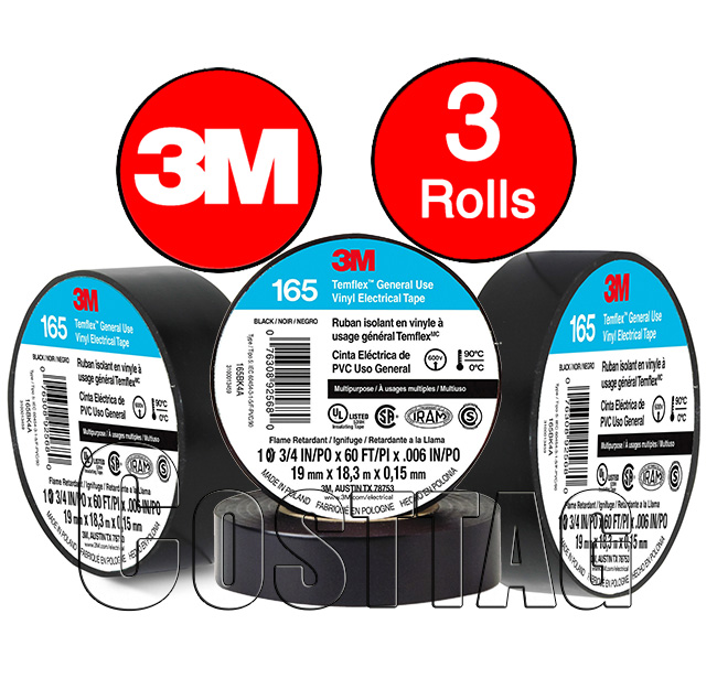 (3 ROLLS) 3M TEMFLEX 165 ELECTRICAL TAPE BLACK 3/4